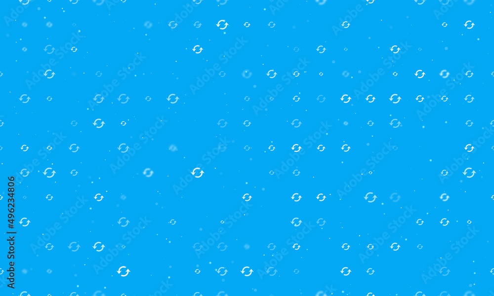 Poster seamless background pattern of evenly spaced white refresh symbols of different sizes and opacity. v