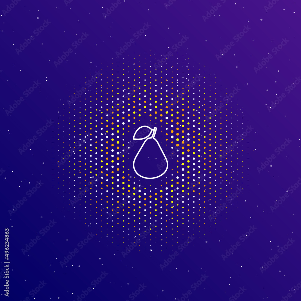 Poster a large white contour pear symbol in the center, surrounded by small dots. dots of different colors 