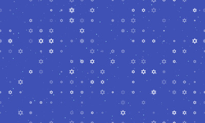 Seamless background pattern of evenly spaced white star of David symbols of different sizes and opacity. Vector illustration on indigo background with stars