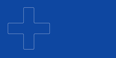 A large white outline plus symbol on the left. Designed as thin white lines. Vector illustration on blue background