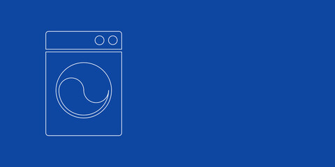 A large white outline washer symbol on the left. Designed as thin white lines. Vector illustration on blue background