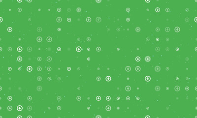 Seamless background pattern of evenly spaced white download symbols of different sizes and opacity. Vector illustration on green background with stars