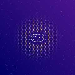 A large white contour potatoes symbol in the center, surrounded by small dots. Dots of different colors in the shape of a ball. Vector illustration on dark blue gradient background with stars