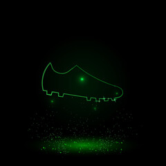 A large green outline football boot symbol on the center. Green Neon style. Neon color with shiny stars. Vector illustration on black background