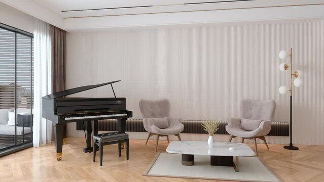 Modern Living Room Interior With Grand Piano, Velvet Armchairs And Coffee Table