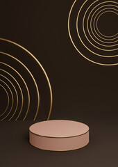Obraz premium Dark brown 3D rendering minimal product display luxury cylinder podium or product background abstract composition with golden lines and circles