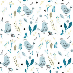 Seamless botanical pattern with cute birds and floral surrounding. Spring bird texture for fabric, textile, wallpaper. Vector illustration