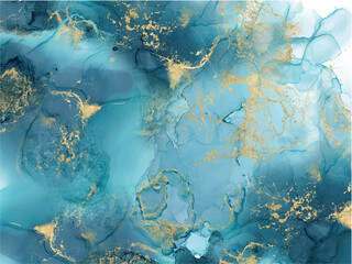 Fototapeta na wymiar Alcohol ink texture. Abstract hand painted blue and gold background.
