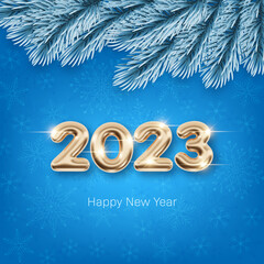 2023 New Year card template with golden 3d numbers and pine branches on light blue background