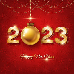 2023 New Year card template with golden ball and glittering numbers on red background