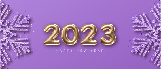 2023 New Year card template with decorative snowflake and glittering 3d numbers on purle background