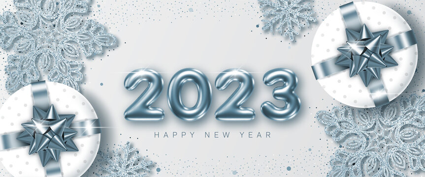 2023 New Year card template with 3d numbers, glittering decorative snowflakes and gift boxes