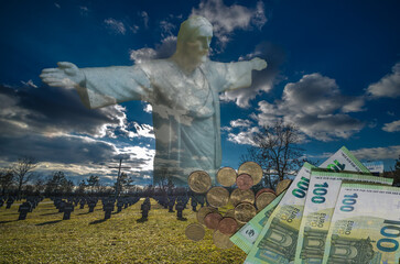 praying jesus statue for freedom over a military_cemetery_from the world war and many euro
