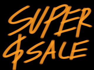 Super sale word for cards and posters with brightly colored letters on a black background.