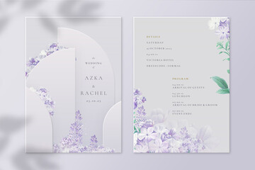 Geometric Wedding Invitation and Detail Card with purple Flower