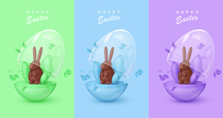 Glossy colored egg with opened glass dome and chocolate rabbit, bunny, serpentine, leaves. Happy Easter poster. Vector illustration for card, party, design, flyer, banner, web, advertising.