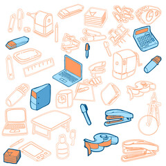 Set of business office stationery hand drawn. Doodle blue, orange color graphic vector illustration.