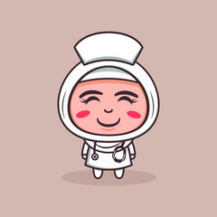 Cute Kid Girl Hijab Cartoon Character with nurse costume. premium vector on cream background.