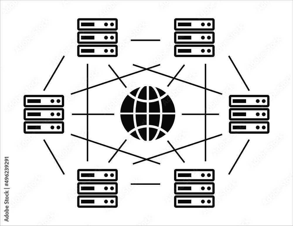 Aufkleber P2p server global online linked network system computer icon design vector template. Blockchain crypto currency smart contract protocol contain cryptography hash, transaction data document.