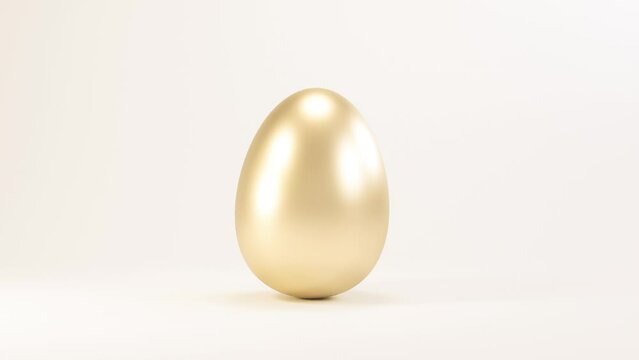 Easter golden glitter egg swings from side to side on white background. Minimal easter concept. Happy Easter card with copy space for text. Levitating egg. 3d animtion render.
