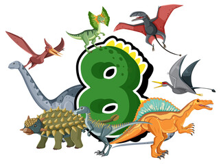 Eight dinosaurs with number eight cartoon