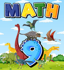 Nine dinosaurs with number nine cartoon