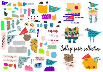 Collection of collage paper. A set of pieces of paper, different shapes. Cheerful collage. Hand drawn modern design. Various shapes and hand-drawn textures. Digital illustration 
