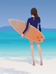 The girl is a sportswoman on the shore of the ocean with a surfboard. Vector.