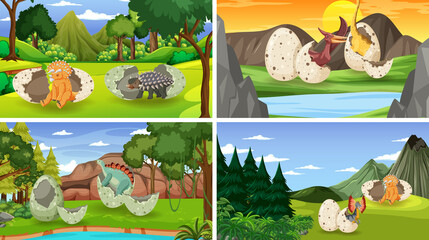Different prehistoric forest scenes with dinosaur cartoon © blueringmedia
