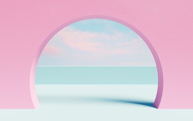 Minimal pink wall arch window door blank product ad display template sky background for cosmetic beauty skincare modern fashion poster floor mockup geometric portal nature 3d rendering illustration