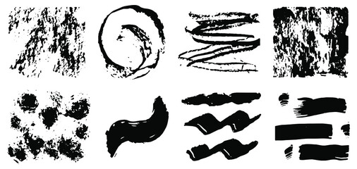 A set of abstract textures obtained with the help of crayon, charcoal, ink, watercolor. Wavy, mottled, rough textures. Vector.