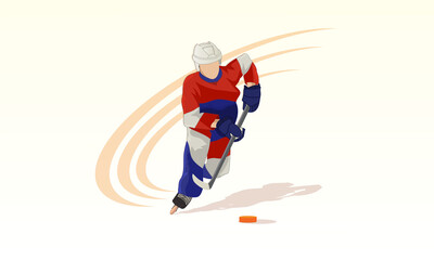 A young athlete on roller skates with a hockey stick run after the puck.