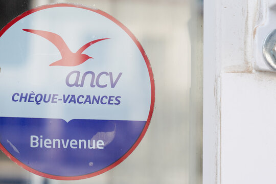 cheque vacances ancv logo brand and text sign of acceptance voucher on facade hotel restaurant french label holiday