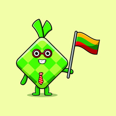 Cute cartoon Ketupat mascot character with flag of Lithuania country in modern design 