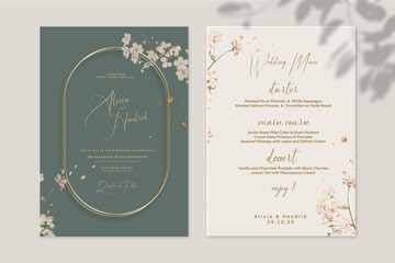 Golden Wedding Invitation and Save the Date with Green Background