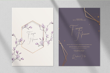 Golden Wedding Invitation and Save the Date with Purple Background