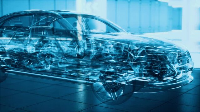 transparent car with engine in laboratory