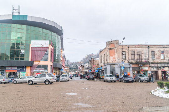 Kutaisi, Georgia - March 19, 2022: View on Michael Lermontov Street at cloudy day.
