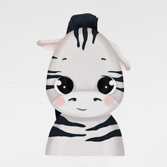 Cute baby animal portrait - zebra. Digital illustration. Animal isolated on watercolor paper background.