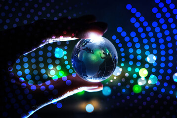 Telecommunication technology with connections around Earth. Internet, big data science, cyberspace, global business, innovation, digital finance, blockchain. 