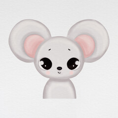 Cute baby animal portrait - mouse. Digital illustration. Animal isolated on watercolor paper background.