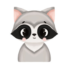 Cute baby animal portrait - raccoon. Digital illustration. Animal isolated on white background.
