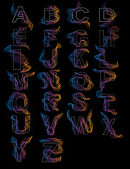Alphabet with gradient design. Black background. Neon letters. 