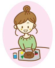 ステーキを食べているかわいい女性のイラスト・食事
