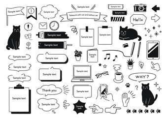 猫と吹き出しのフレームセット　テレワーク　PC　文房具　吹き出し　ねこ　仕事