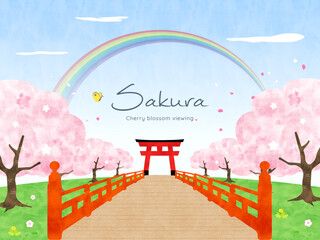 春　桜と鳥居の背景イラスト