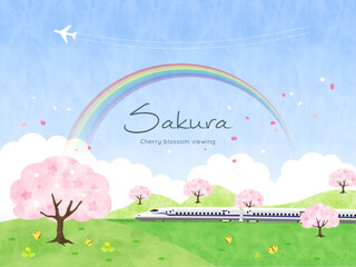 満開の桜と新幹線　水彩風ベクターイラスト