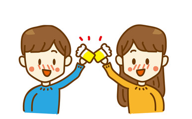 居酒屋でビールで乾杯する付き合いたてのカップル男女のイラスト・合コン・飲み会・コンパ・夫婦 © あいコン