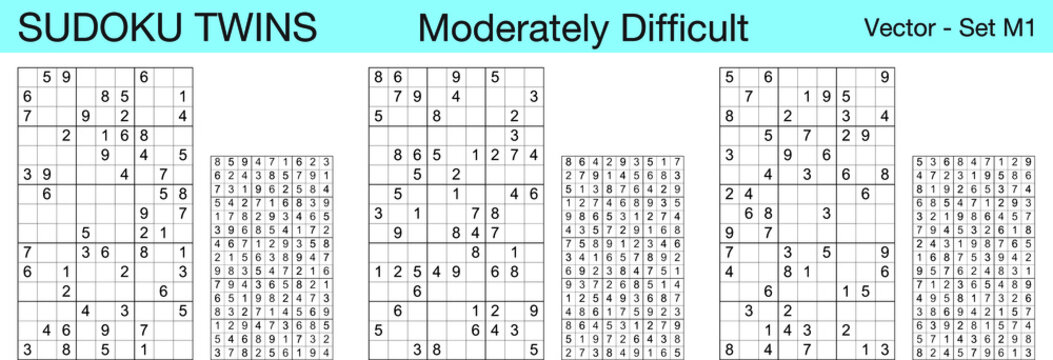 A set of 3 moderately difficult scalable sudoku twins puzzles suitable for kids, adults and seniors and ready for web use, or to be compiled into a standard or large print paperback activity book.