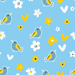 Seamless pattern with funny colorful birds. Color flat vector illustration with little cartoon bird. Cute characters. Template design for invitation, poster, card, flyer, textile, fabric for kids
